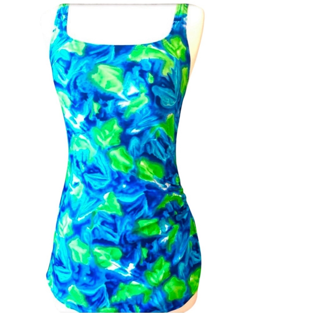 1980’s does 1950’s Blue & Green Floral One Piece‎ Bathing Suit, Pinup Style, Med